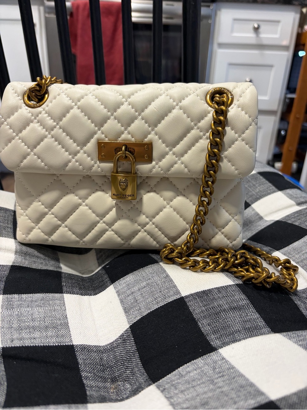 Kurt Geiger Cream Quilted Mini Shoulder Bag with Gold Chain
